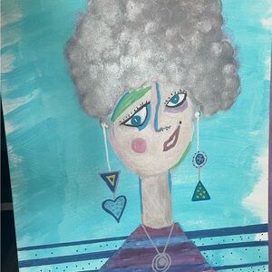 Silver-Haired Portrait Painting in Aqua and Teal